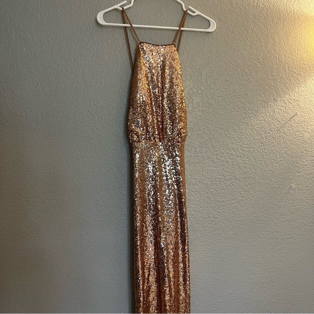 Lulu’s Rose Gold Sequins Floor Length Dress Size Large